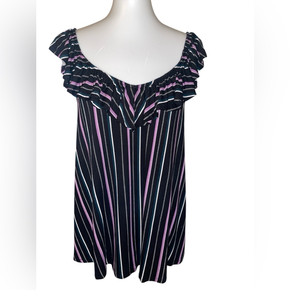 Women’s Black Striped Ruffle Off-Shoulder Top - Pink & White Accents